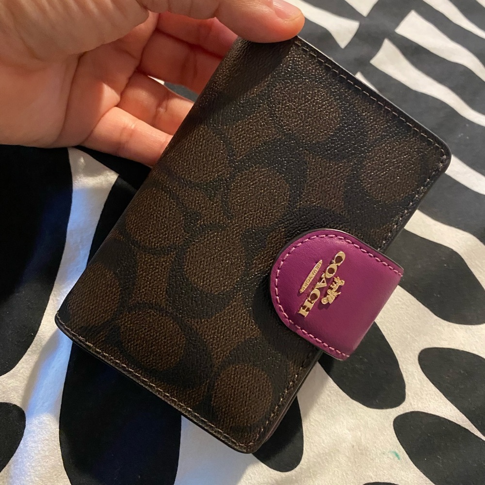 Coach Signature Brown Card Holder with Purple Accent